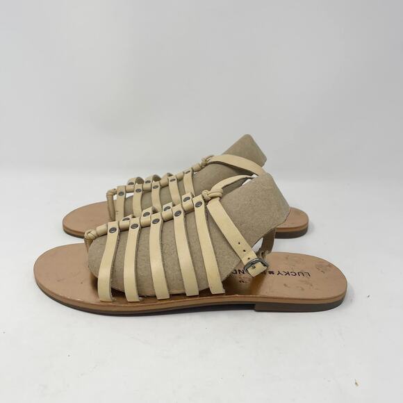 Lucky Brand Cymaa Tan Leather Strappy Gladiator Sandals with Rose Gold Lining - Picture 5 of 7